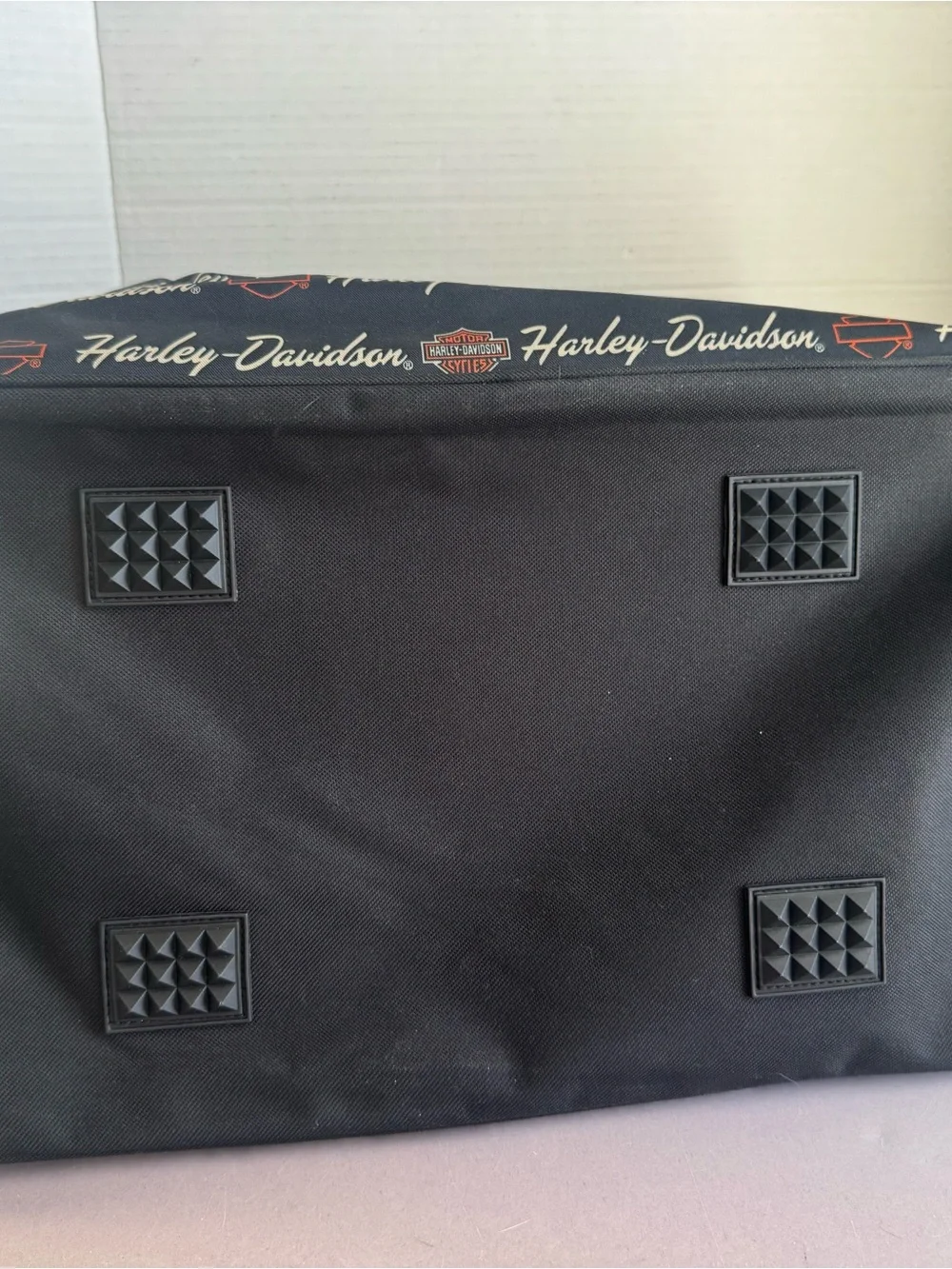 Harley-Davidson Black Duffel with White Script and Orange Accents